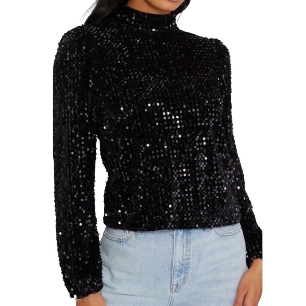 Sanctuary Womens All Nighter Black Sequin Mock Neck Long Sleeve Top Size Small